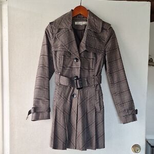 Kenneth Cole New York Plaid Trench Coat - Gray Brown